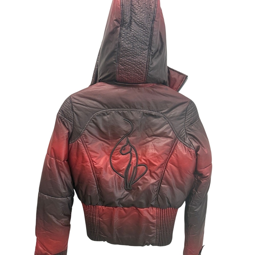 Vintage Y2K Baby Phat Ombré Cropped Puffer Jacket Coat Red Black Cat Logo Small